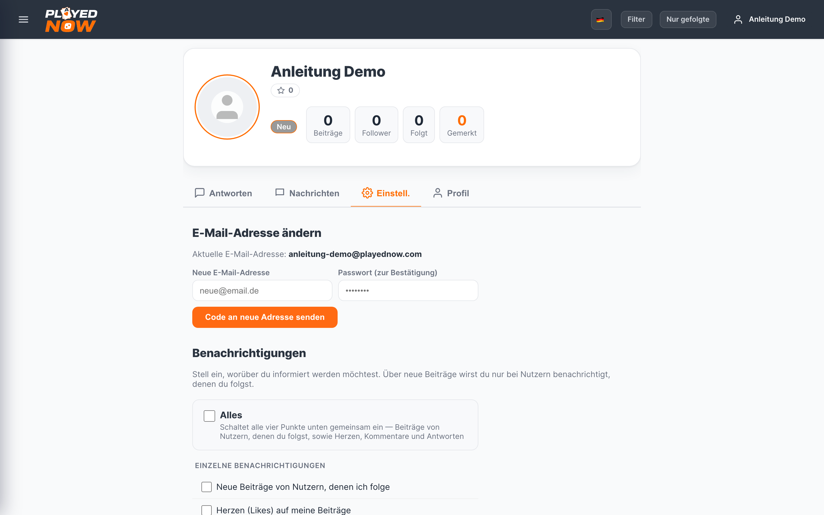 E-Mail-Adresse im Profil aendern — mit Code-Bestaetigung