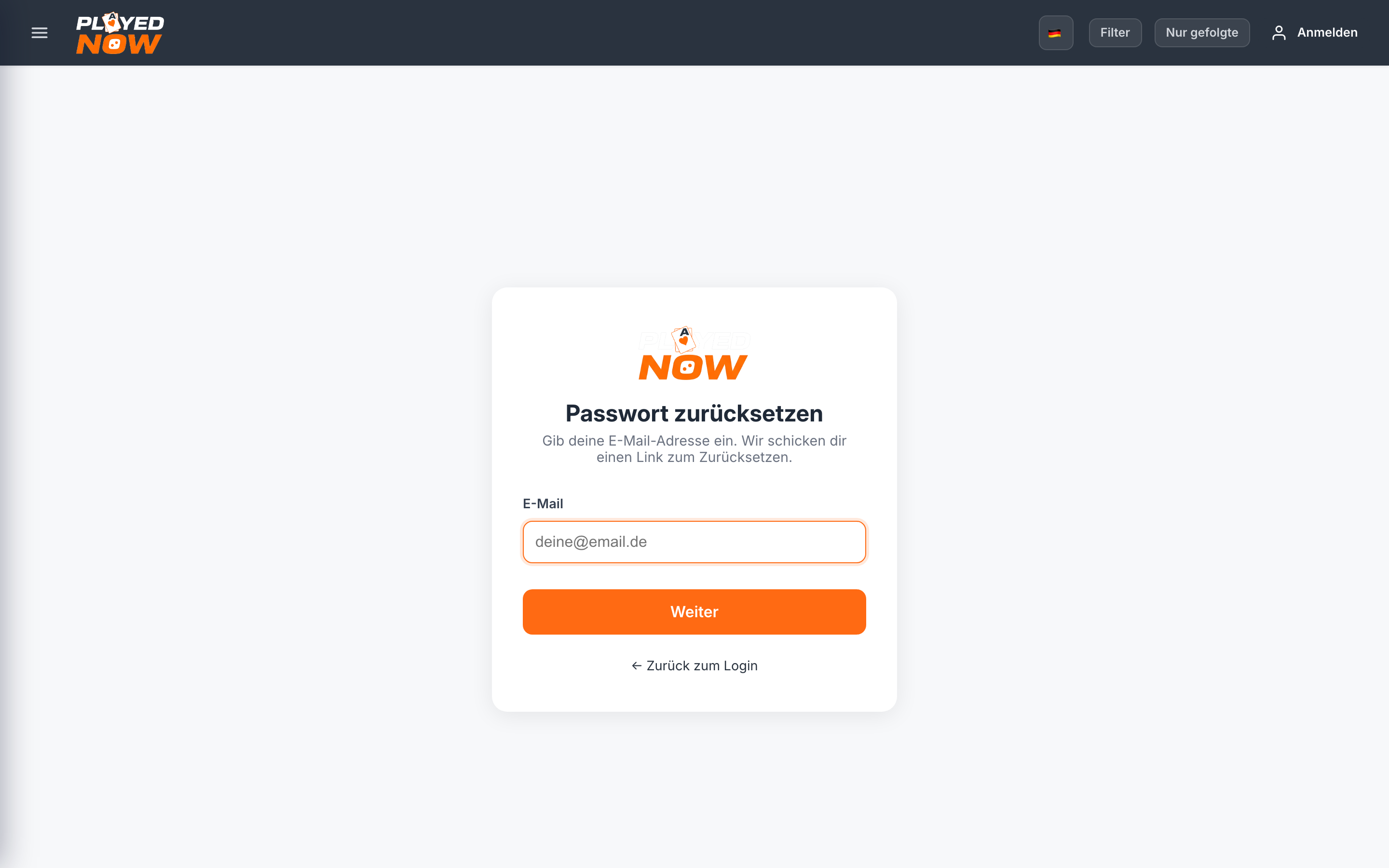 Das Formular zum Zuruecksetzen des Passworts